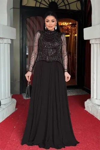 Üst Boncuk Detaylı Alt Şifon Elbise - SİYAH - 1