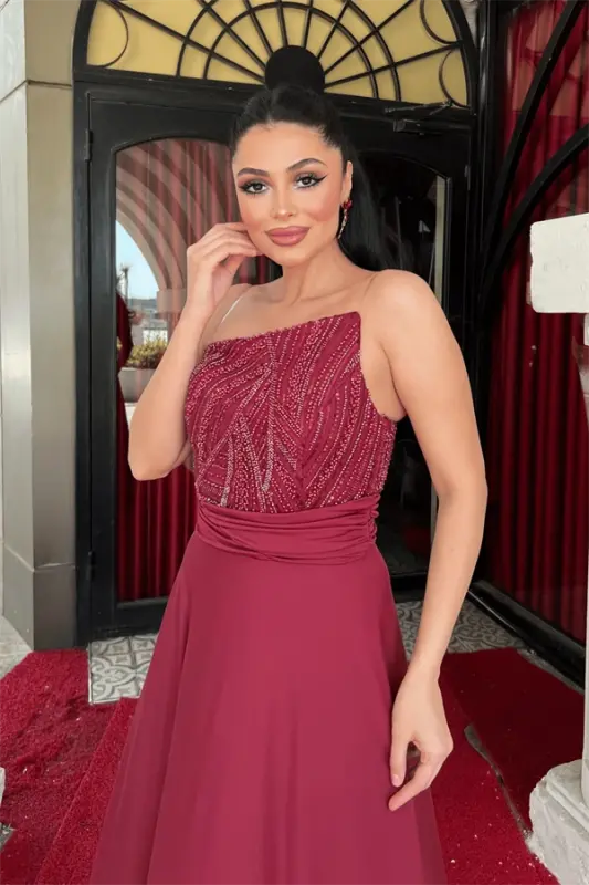 Üst Boncuklu Kumaş Alt Jarse Tasarım Elbise - BORDO - 4