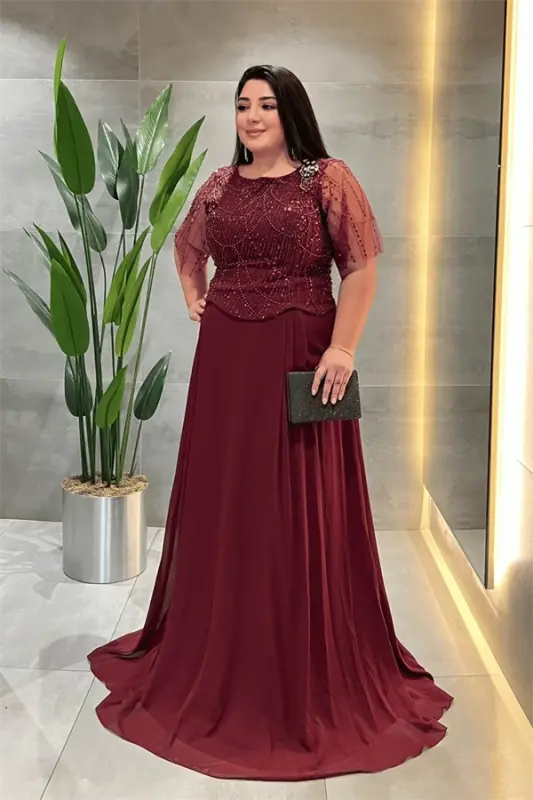Üst Boncuklu Kumaş Alt Şifon Elbise - BORDO - 1