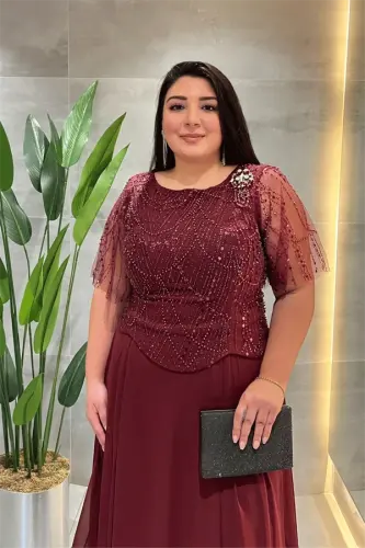 Üst Boncuklu Kumaş Alt Şifon Elbise - BORDO - BÜYÜKBEDENIZ (1)