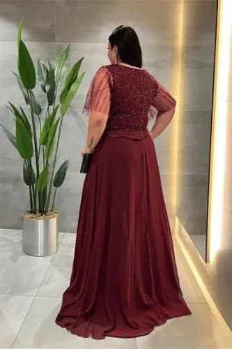 Üst Boncuklu Kumaş Alt Şifon Elbise - BORDO - 4