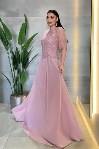 Üst Boncuklu Kumaş Alt Şifon Elbise - PUDRA - BÜYÜKBEDENIZ (1)