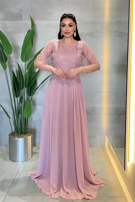 Üst Boncuklu Kumaş Alt Şifon Elbise - PUDRA - BÜYÜKBEDENIZ