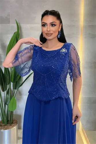 Üst Boncuklu Kumaş Alt Şifon Elbise - SAKS MAVİ - 3