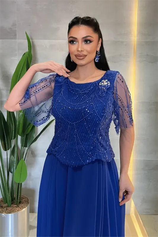 Üst Boncuklu Kumaş Alt Şifon Elbise - SAKS MAVİ - 3