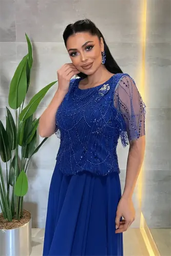 Üst Boncuklu Kumaş Alt Şifon Elbise - SAKS MAVİ - 4