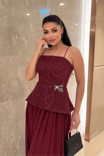 Üst Boncuklu Kumaş Alt Şifon Tasarım Elbise - BORDO - 3