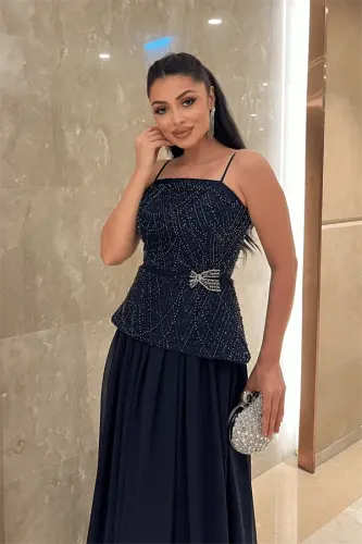 Üst Boncuklu Kumaş Alt Şifon Tasarım Elbise - LACİVERT - 3