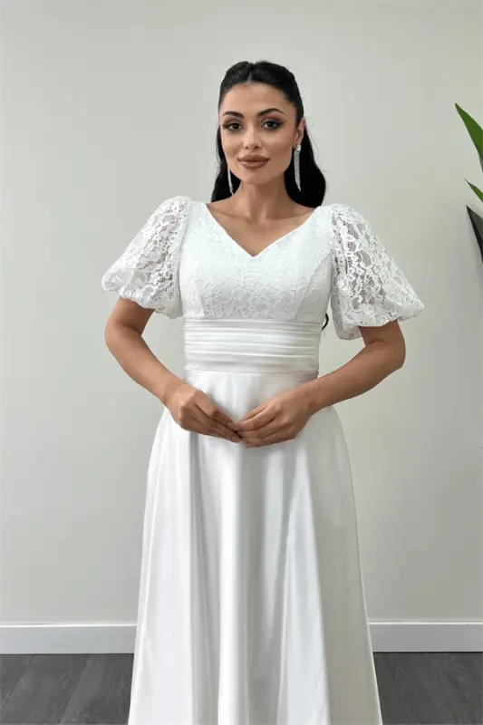 Üst Dantel Alt Saten Detaylı Midi Elbise - BEYAZ - 3