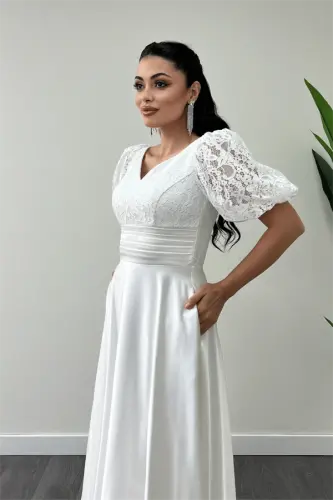 Üst Dantel Alt Saten Detaylı Midi Elbise - BEYAZ - 4