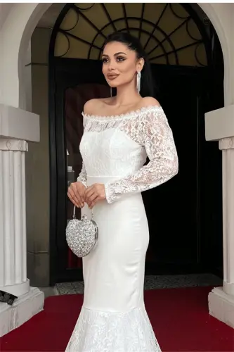 Üst Güpür Dantel Alt Double Kumaş Kayık Yaka Abiye Elbise - BEYAZ - 4