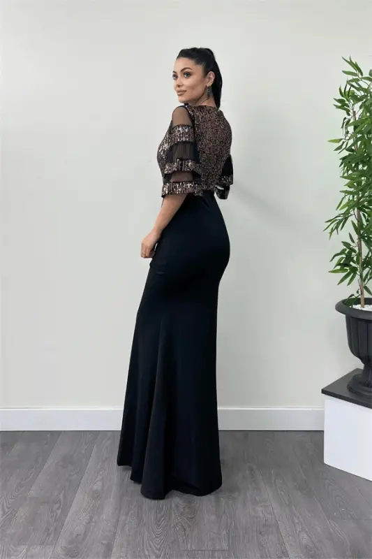 Üst Payet Alt Krep Kumaş Abiye Elbise - Bronz - 5