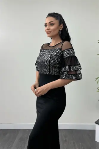 Üst Payet Alt Krep Kumaş Abiye Elbise - Gümüş - 4