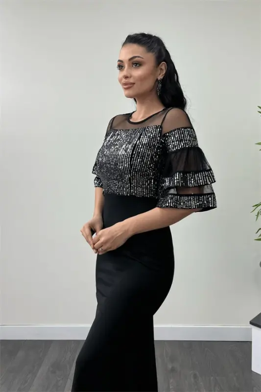Üst Payet Alt Krep Kumaş Abiye Elbise - Gümüş - 4
