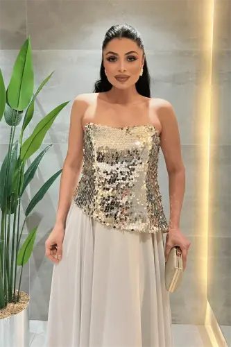 Üst Payet Alt Şifon Tasarım Elbise - GOLD - 3