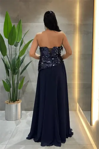 Üst Payet Alt Şifon Tasarım Elbise - LACİVERT - 5
