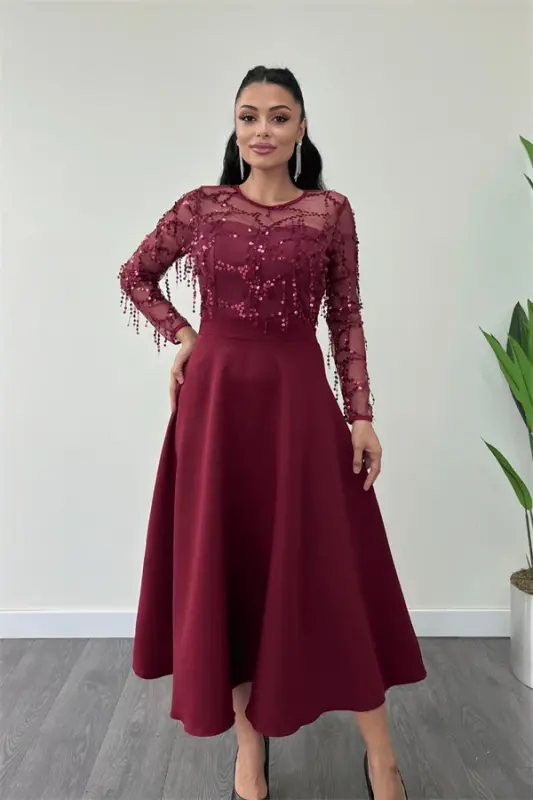 Üst Saçaklı Payet Alt Double Kumaş Midiboy Elbise - BORDO - 2