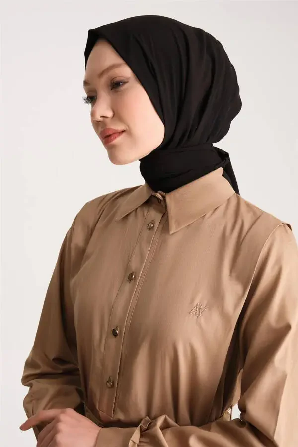 Üstü Düğmeli Pamuk Gabardin Elbise 24y9807 Camel - 3