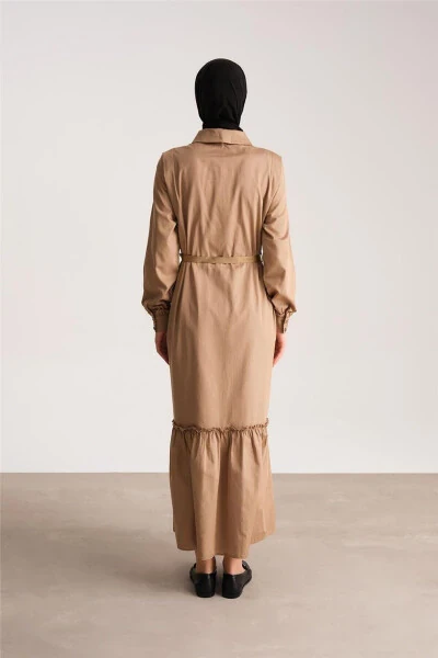 Üstü Düğmeli Pamuk Gabardin Elbise 24y9807 Camel - 5