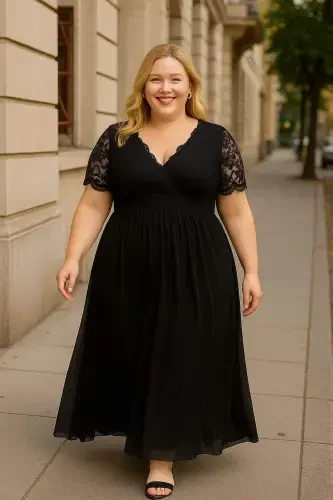 Üstü Güpür Şifon Büyük Beden Abiye Elbise SİYAH DD793 - 6