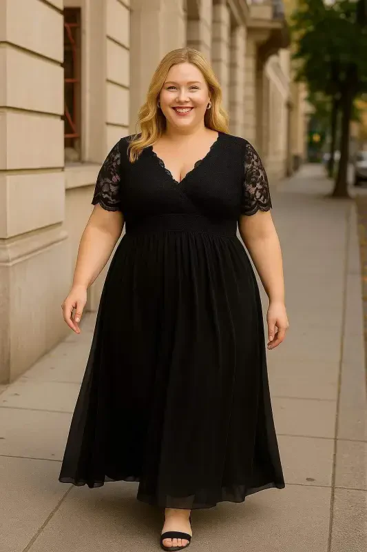 Üstü Güpür Şifon Büyük Beden Abiye Elbise SİYAH DD793 - 6
