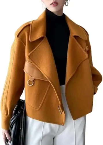 utcoco Women Cropped Wool Coats Warm Pea Coat Notched Lapel Open Front Trench Overcoat Jackets with Pockets - 1