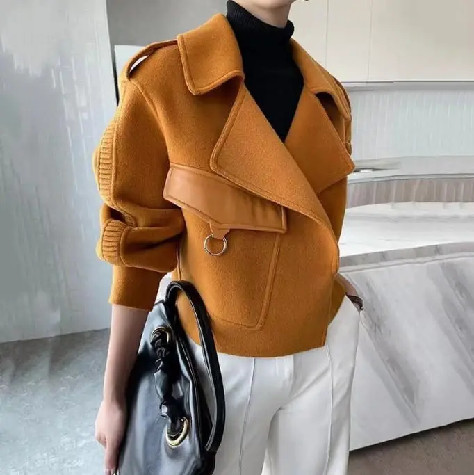 utcoco Women Cropped Wool Coats Warm Pea Coat Notched Lapel Open Front Trench Overcoat Jackets with Pockets - 2