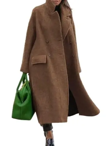 utcoco Women's Long Wool Coats Double Breasted Pea Coat Notched Lapel Trench Coat Overcoat - 1