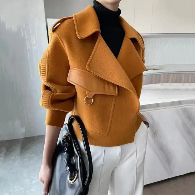 utcoco Women Cropped Wool Coats Warm Pea Coat Notched Lapel Open Front Trench Overcoat Jackets with Pockets - 2