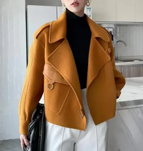 utcoco Women Cropped Wool Coats Warm Pea Coat Notched Lapel Open Front Trench Overcoat Jackets with Pockets - 3