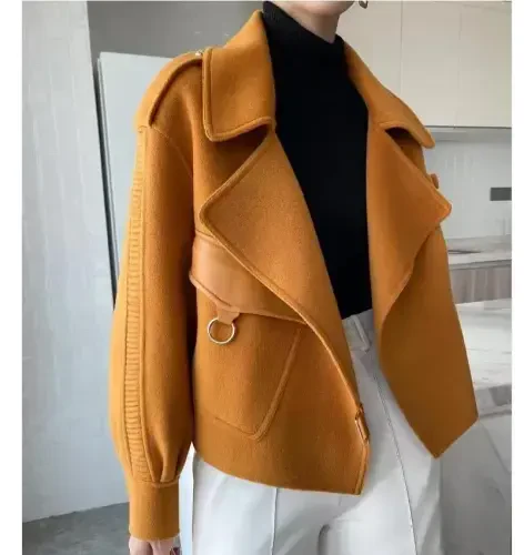 utcoco Women Cropped Wool Coats Warm Pea Coat Notched Lapel Open Front Trench Overcoat Jackets with Pockets - 4