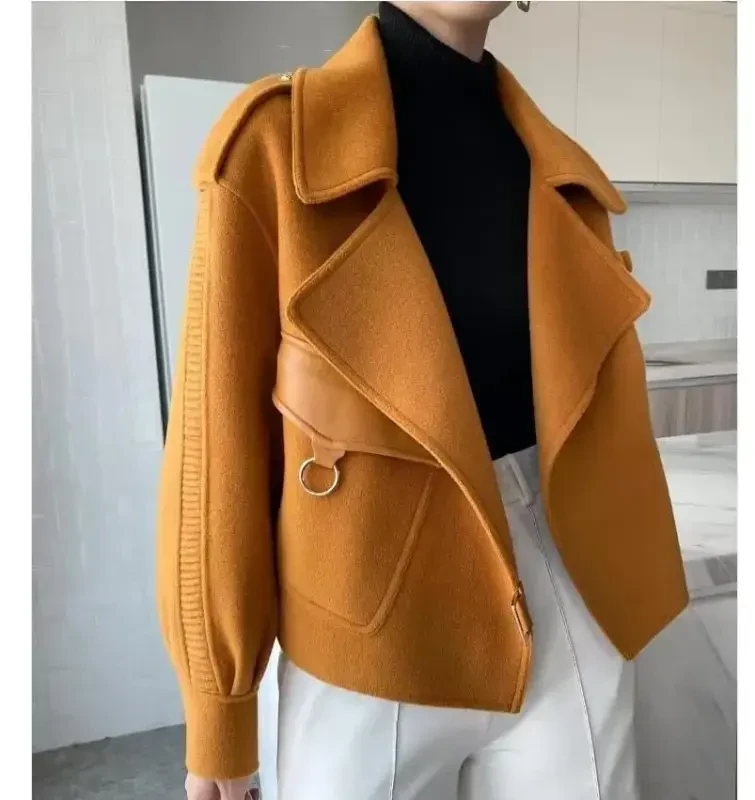 utcoco Women Cropped Wool Coats Warm Pea Coat Notched Lapel Open Front Trench Overcoat Jackets with Pockets - 4