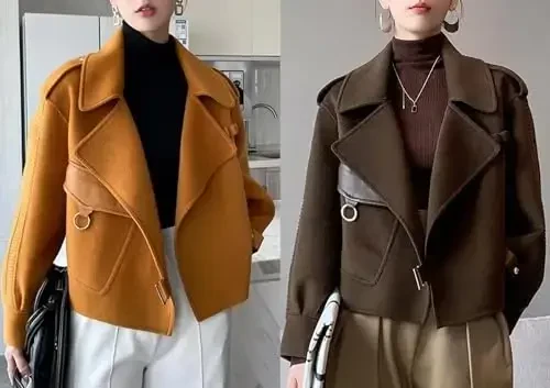 utcoco Women Cropped Wool Coats Warm Pea Coat Notched Lapel Open Front Trench Overcoat Jackets with Pockets - 5