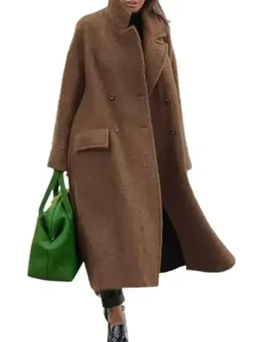 utcoco Women's Long Wool Coats Double Breasted Pea Coat Notched Lapel Trench Coat Overcoat - UTCOCO