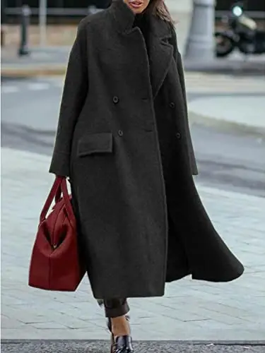 utcoco Women's Long Wool Coats Double Breasted Pea Coat Notched Lapel Trench Coat Overcoat - 2