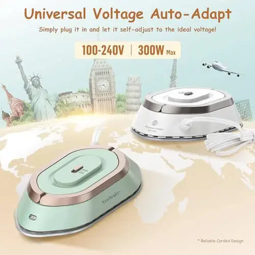 Утюг для путешествий Newbealer с двойным напряжением - 120V/220V Мини-сухой утюг для одежды (без пара), антипригарная керамическая подошва, термопресс 302℉ для стегания и шитья, 0,95 фунта легкий (зеленый) - 4