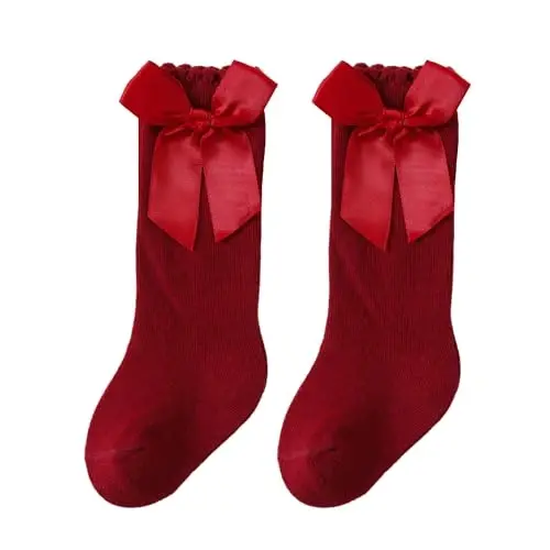 UTTPLL Baby Girls Bow Knee High Socks Toddler Leggings Ruffle Uniform Stockings Long Cotton Tube Socks Infant Dress Socks - MODAZONE