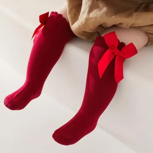 UTTPLL Baby Girls Bow Knee High Socks Toddler Leggings Ruffle Uniform Stockings Long Cotton Tube Socks Infant Dress Socks - MODAZONE (1)