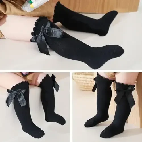 UTTPLL Baby Girls Bow Knee High Socks Toddler Leggings Ruffle Uniform Stockings Long Cotton Tube Socks Infant Dress Socks - 3