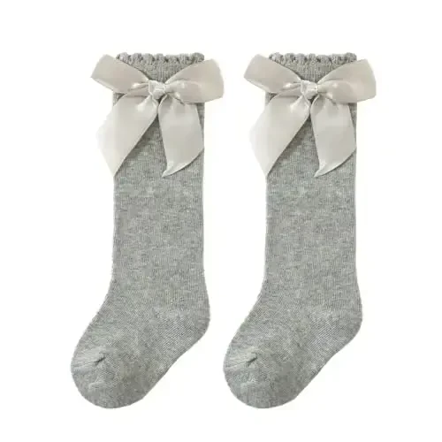 UTTPLL Baby Girls Bow Knee High Socks Toddler Leggings Ruffle Uniform Stockings Long Cotton Tube Socks Infant Dress Socks - 1