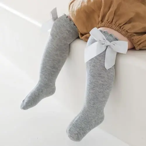 UTTPLL Baby Girls Bow Knee High Socks Toddler Leggings Ruffle Uniform Stockings Long Cotton Tube Socks Infant Dress Socks - MODAZONE (1)