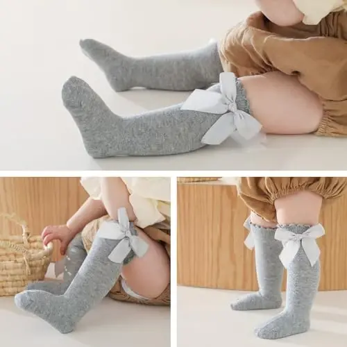 UTTPLL Baby Girls Bow Knee High Socks Toddler Leggings Ruffle Uniform Stockings Long Cotton Tube Socks Infant Dress Socks - 3