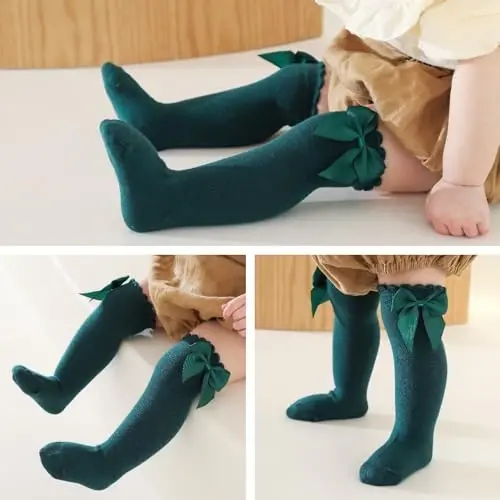UTTPLL Baby Girls Bow Knee High Socks Toddler Leggings Ruffle Uniform Stockings Long Cotton Tube Socks Infant Dress Socks - 2