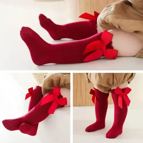 UTTPLL Baby Girls Bow Knee High Socks Toddler Leggings Ruffle Uniform Stockings Long Cotton Tube Socks Infant Dress Socks - 3