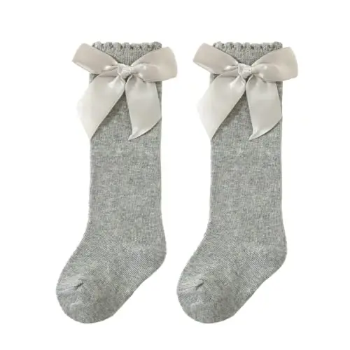 UTTPLL Baby Girls Bow Knee High Socks Toddler Leggings Ruffle Uniform Stockings Long Cotton Tube Socks Infant Dress Socks 