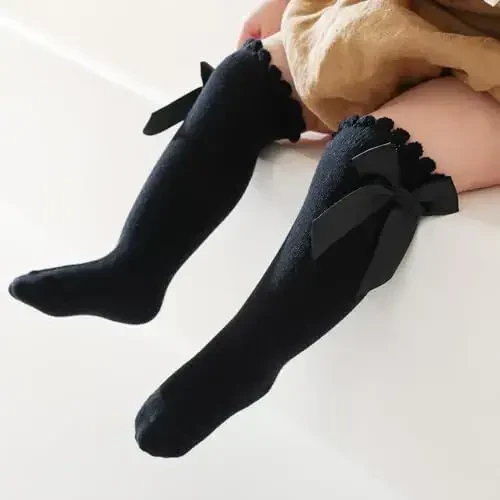 UTTPLL Baby Girls Bow Knee High Socks Toddler Leggings Ruffle Uniform Stockings Long Cotton Tube Socks Infant Dress Socks - 2
