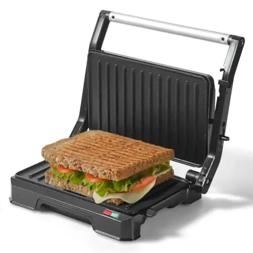 UVFAST Small Panini Press Grill Sandwich Maker, Electric 3 in 1 Panini Sandwich Maker Grill, Open 180 Degrees for grill indoor, Perfect for Grilling Steaks, Burger, Sandwich, Non-stick Pan, Black - 1