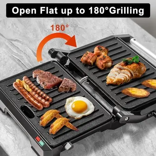 UVFAST Small Panini Press Grill Sandwich Maker, Electric 3 in 1 Panini Sandwich Maker Grill, Open 180 Degrees for grill indoor, Perfect for Grilling Steaks, Burger, Sandwich, Non-stick Pan, Black - 2