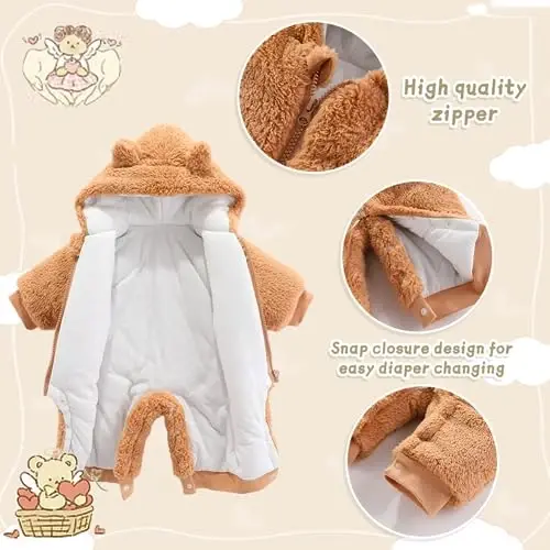 UVIPC Baby Newborn Bear Outfit Fleece Qor Kiyimi Qishki Kiyimlar Kapüşonlu Kombinezon Romper O'g'il bola qiz uchun - 3