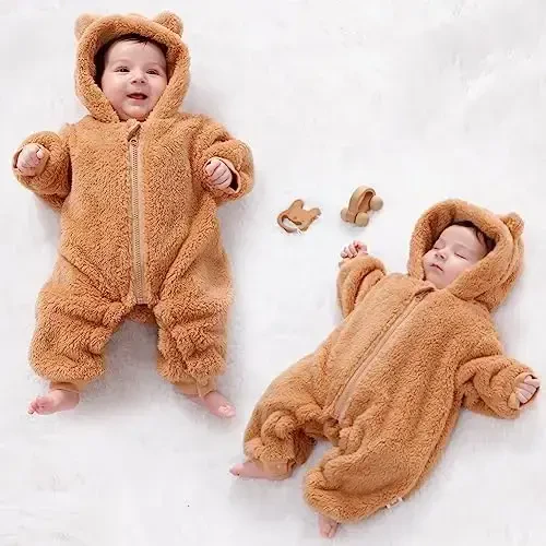UVIPC Baby Newborn Bear Outfit Fleece Snowsuit Winter Clothes Hooded Jumpsuit Romper for Baby boy girl - 5